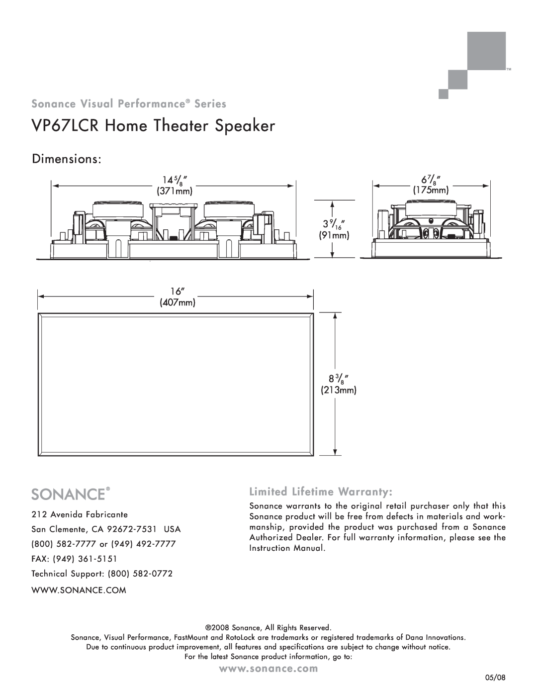 Sonance VP67 LCR Dimensions, Limited Lifetime Warranty, VP67LCR Home Theater Speaker, Sonance Visual Performance Series 
