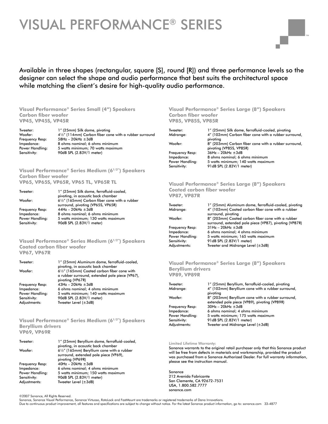 Sonance VP69 manual Visual Performance Series, Limited Lifetime Warranty 
