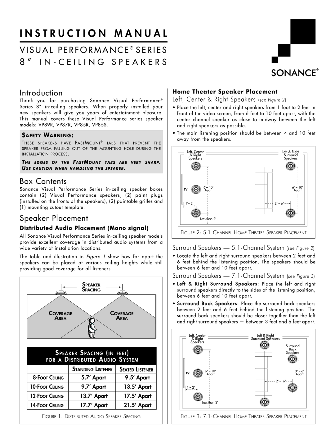 Sonance VP85S instruction manual Introduction, Box Contents, Speaker Placement 