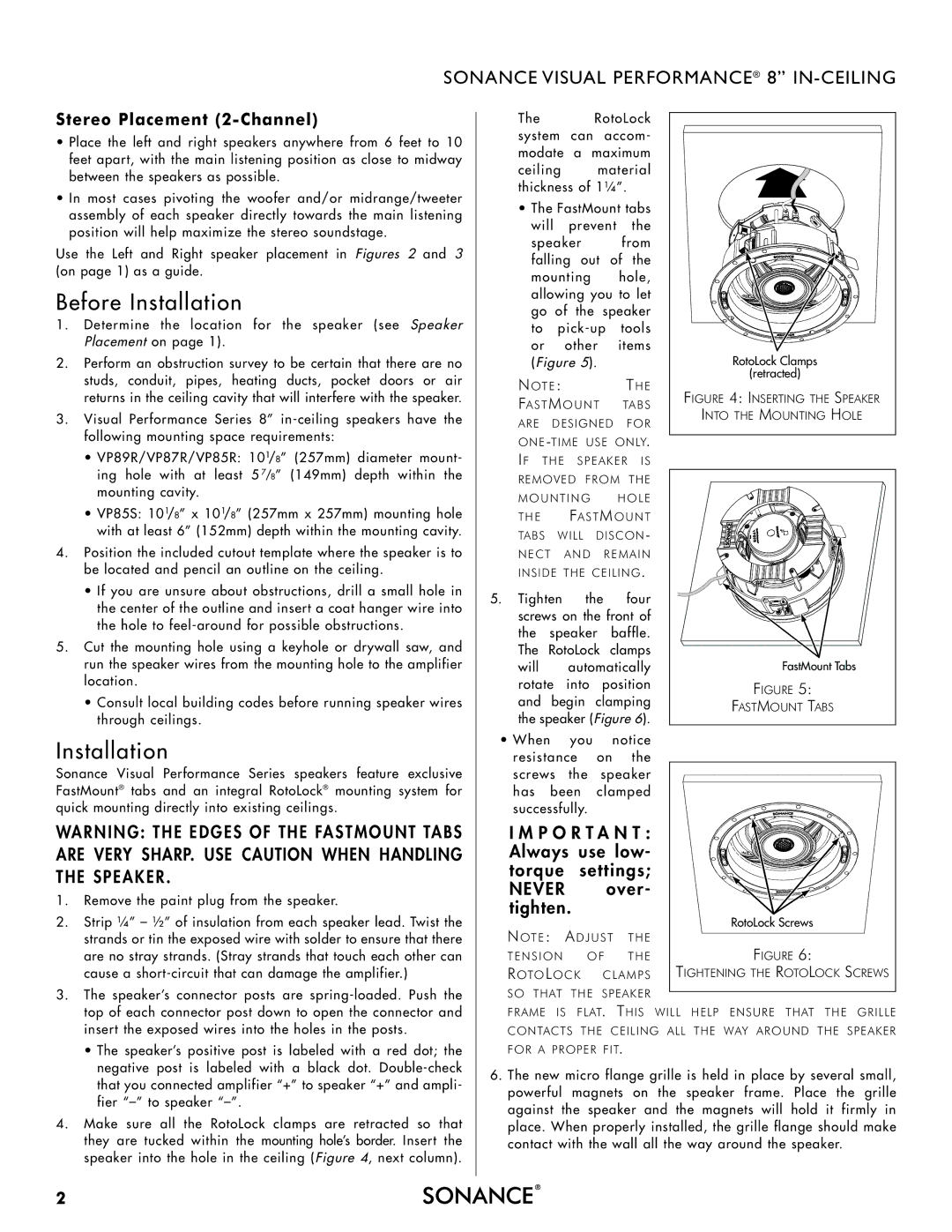 Sonance VP85S instruction manual Before Installation, Stereo Placement 2-Channel 