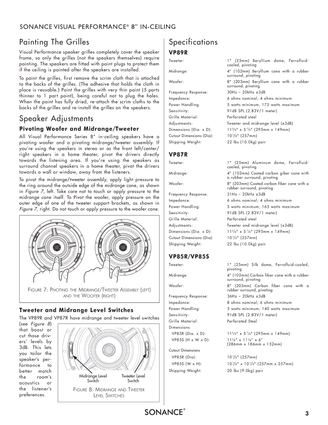 Sonance VP85S Painting The Grilles, Speaker Adjustments, Specifications, Pivoting Woofer and Midrange/Tweeter 