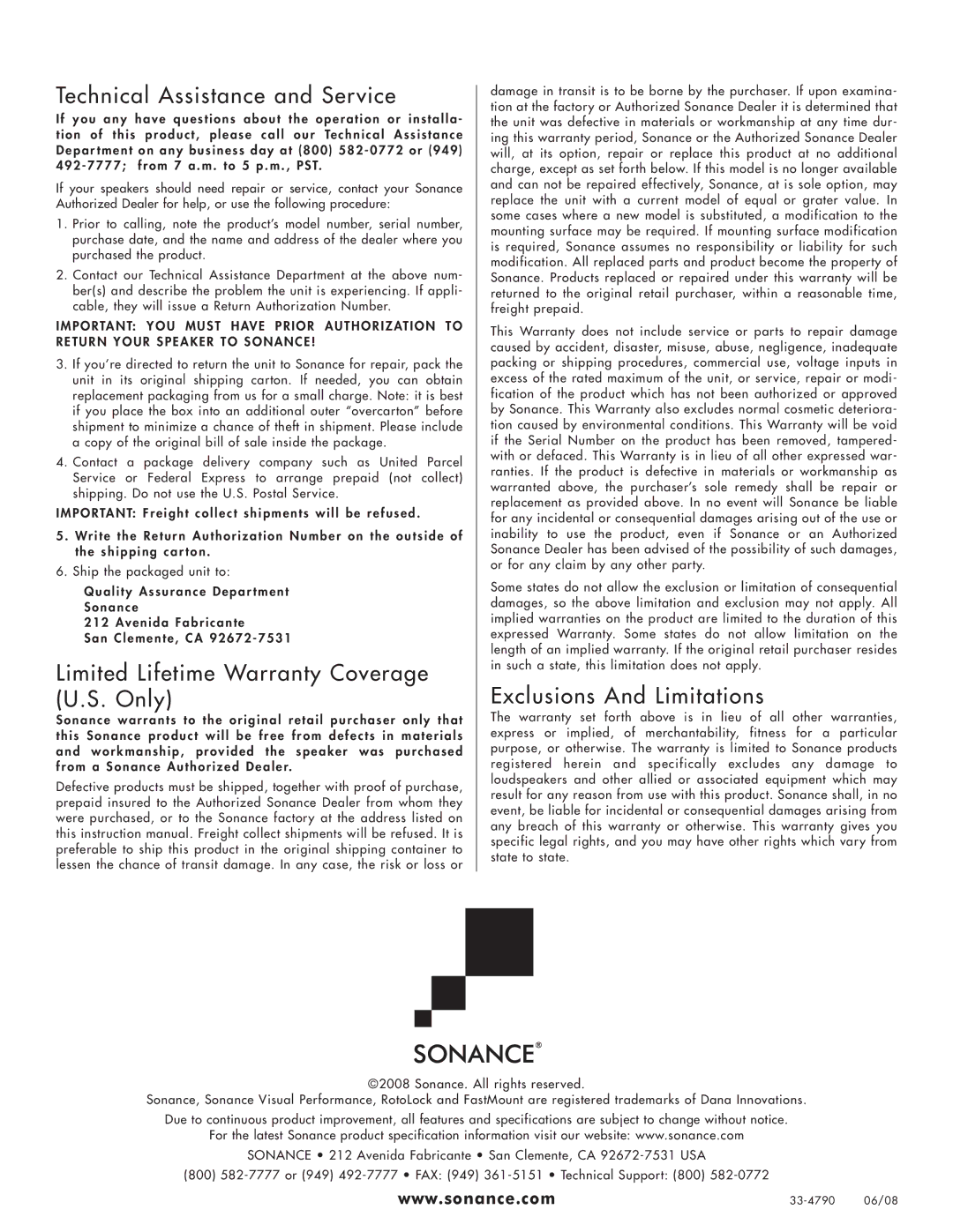 Sonance VP85S Technical Assistance and Service, Limited Lifetime Warranty Coverage U.S. Only, Exclusions And Limitations 