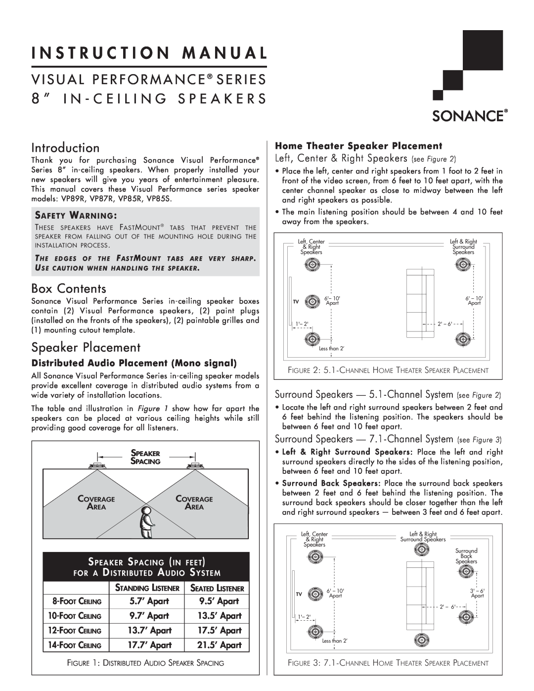 Sonance VP85S instruction manual Introduction, Box Contents, Speaker Placement, Distributed Audio Placement Mono signal 