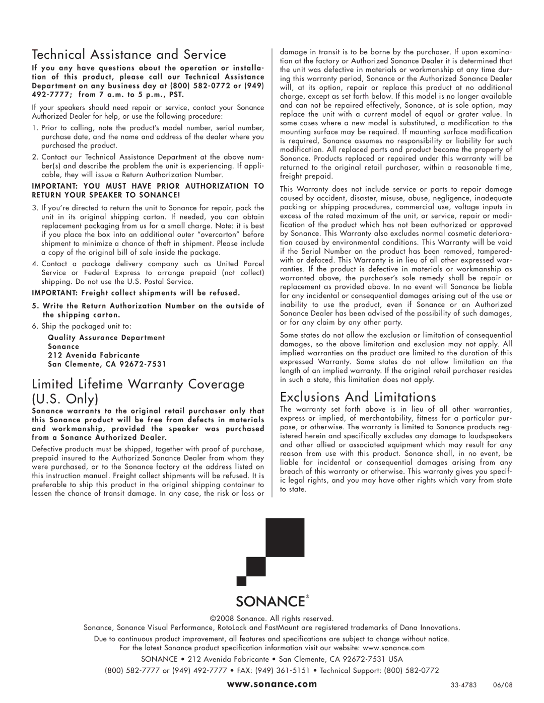 Sonance VP89R Technical Assistance and Service, Limited Lifetime Warranty Coverage U.S. Only, Exclusions And Limitations 