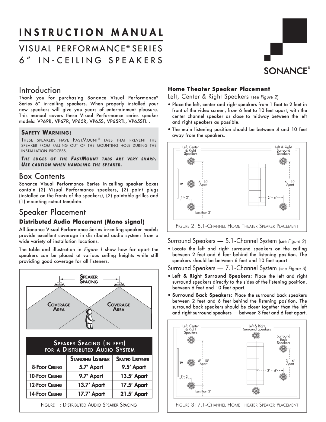 Sonance VP89R instruction manual Introduction, Box Contents, Speaker Placement, Left, Center & Right Speakers see Figure 