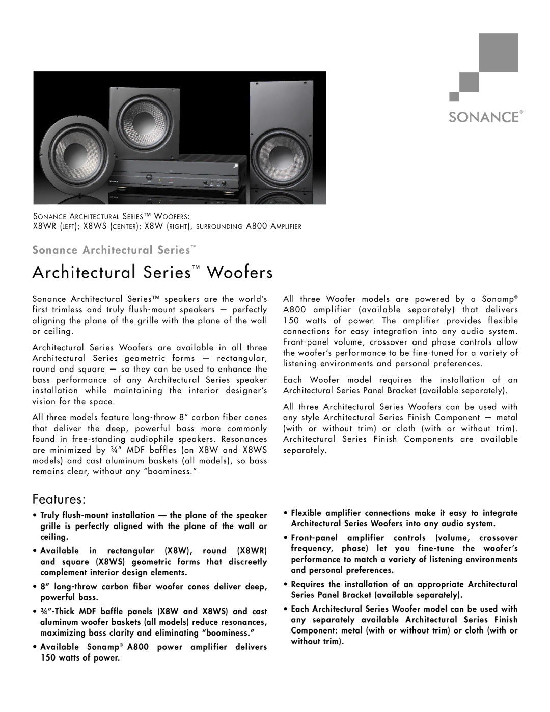 Sonance XBWS manual Architectural Series Woofers, Features, Sonance Architectural Series 