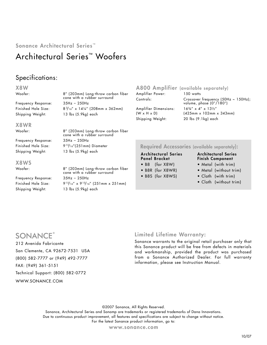 Sonance XBWS manual Specifications, X8WR, X8WS 