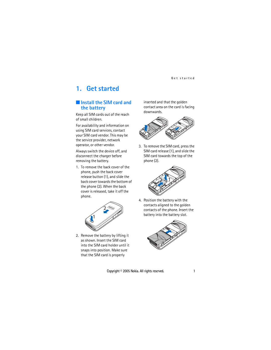 Sonic Alert 6021 Get started, Install the SIM card and the battery, Keep all SIM cards out of the reach of small children 