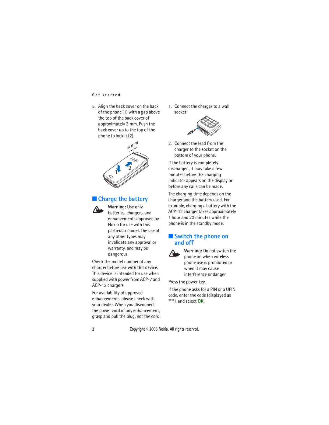 Sonic Alert 6021 manual Charge the battery, Switch the phone on and off, Connect the charger to a wall socket, Select OK 