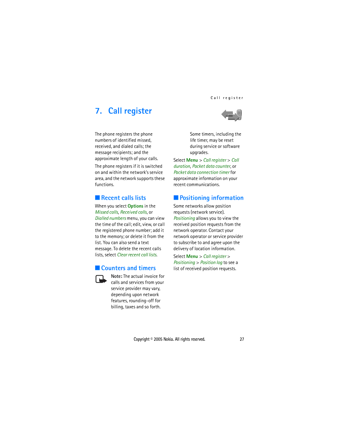 Sonic Alert 6021 manual Call register, Recent calls lists, Counters and timers Positioning information 