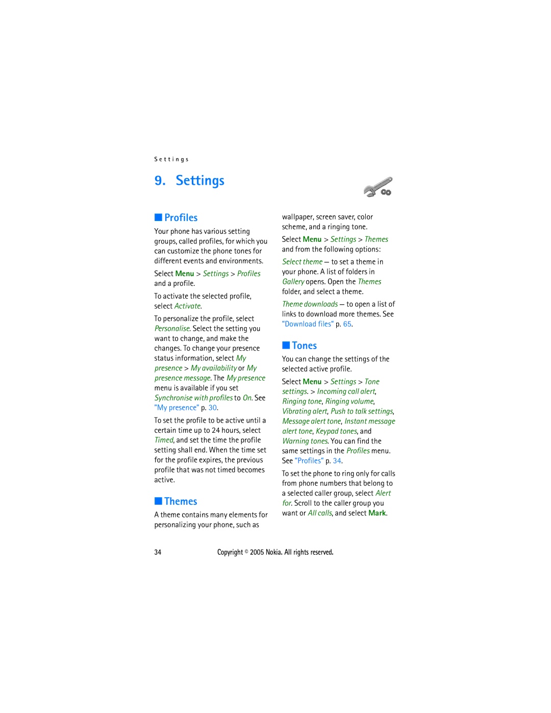 Sonic Alert 6021 manual Settings, Profiles, Themes, Tones, You can change the settings of the selected active profile 