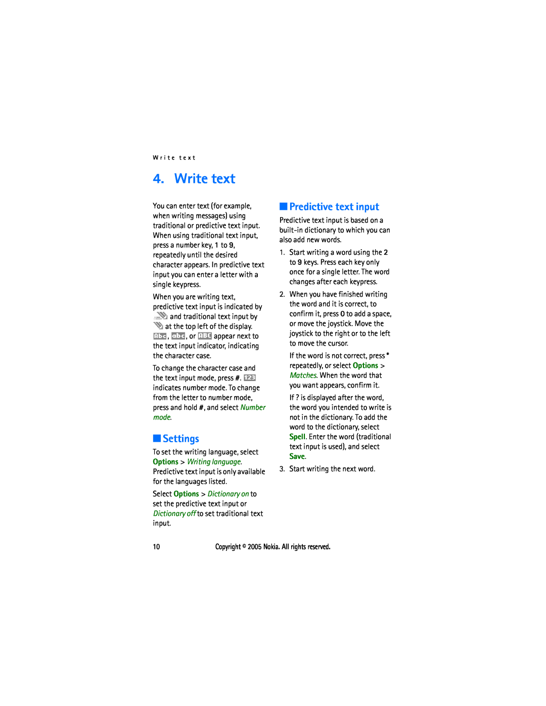Sonic Alert 6021 manual Write text, Settings, Predictive text input 