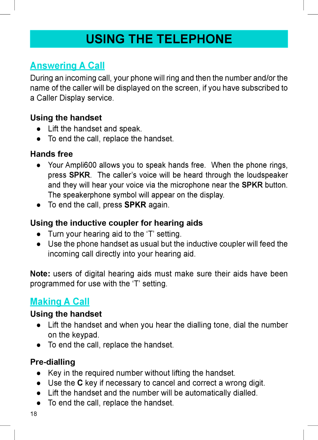 Sonic Alert AMPLI600 manual Using the Telephone, Answering a Call, Making a Call 