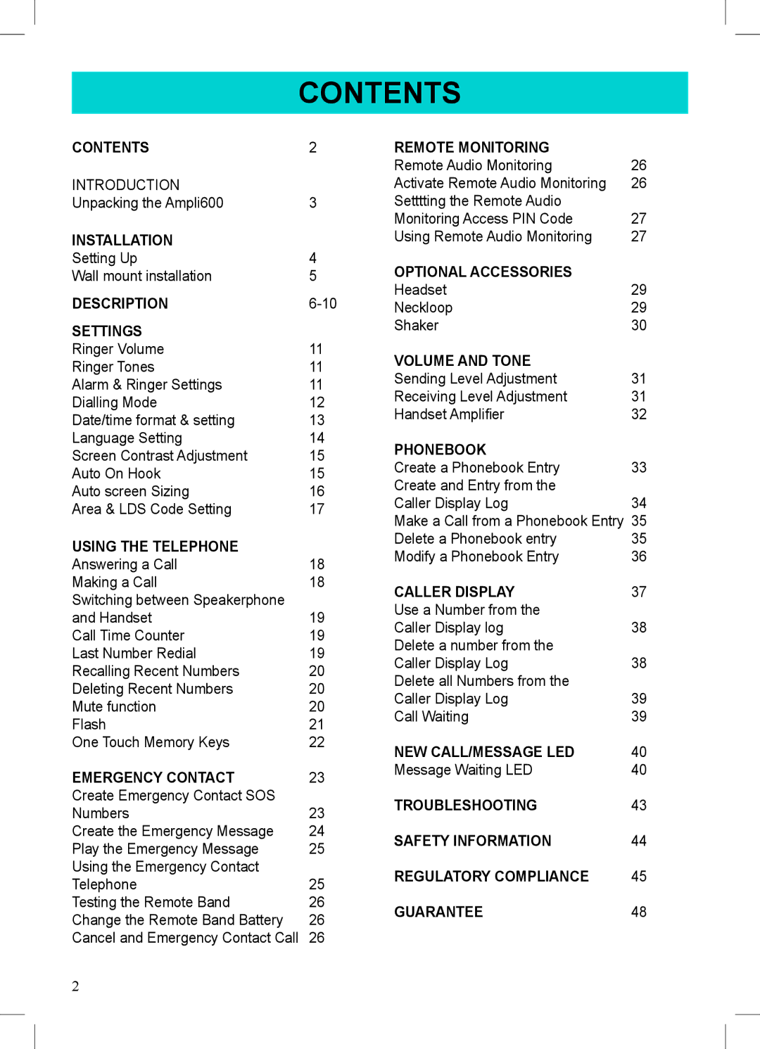 Sonic Alert AMPLI600 manual Contents 