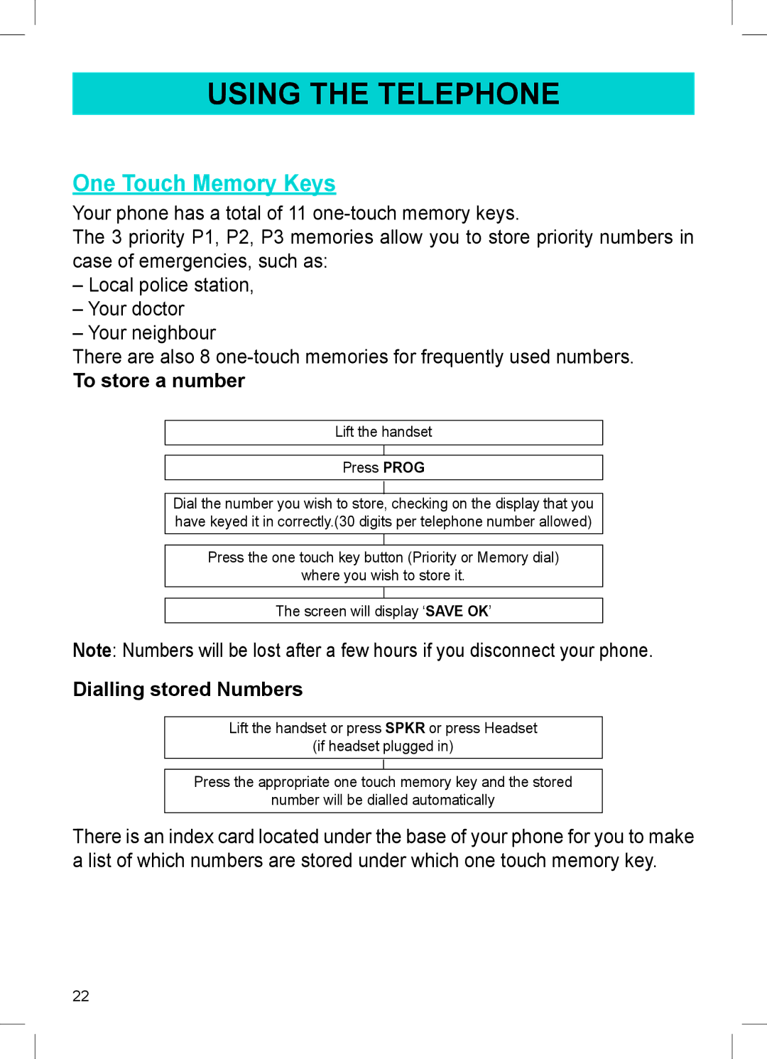 Sonic Alert AMPLI600 manual One Touch Memory Keys, To store a number, Dialling stored Numbers 