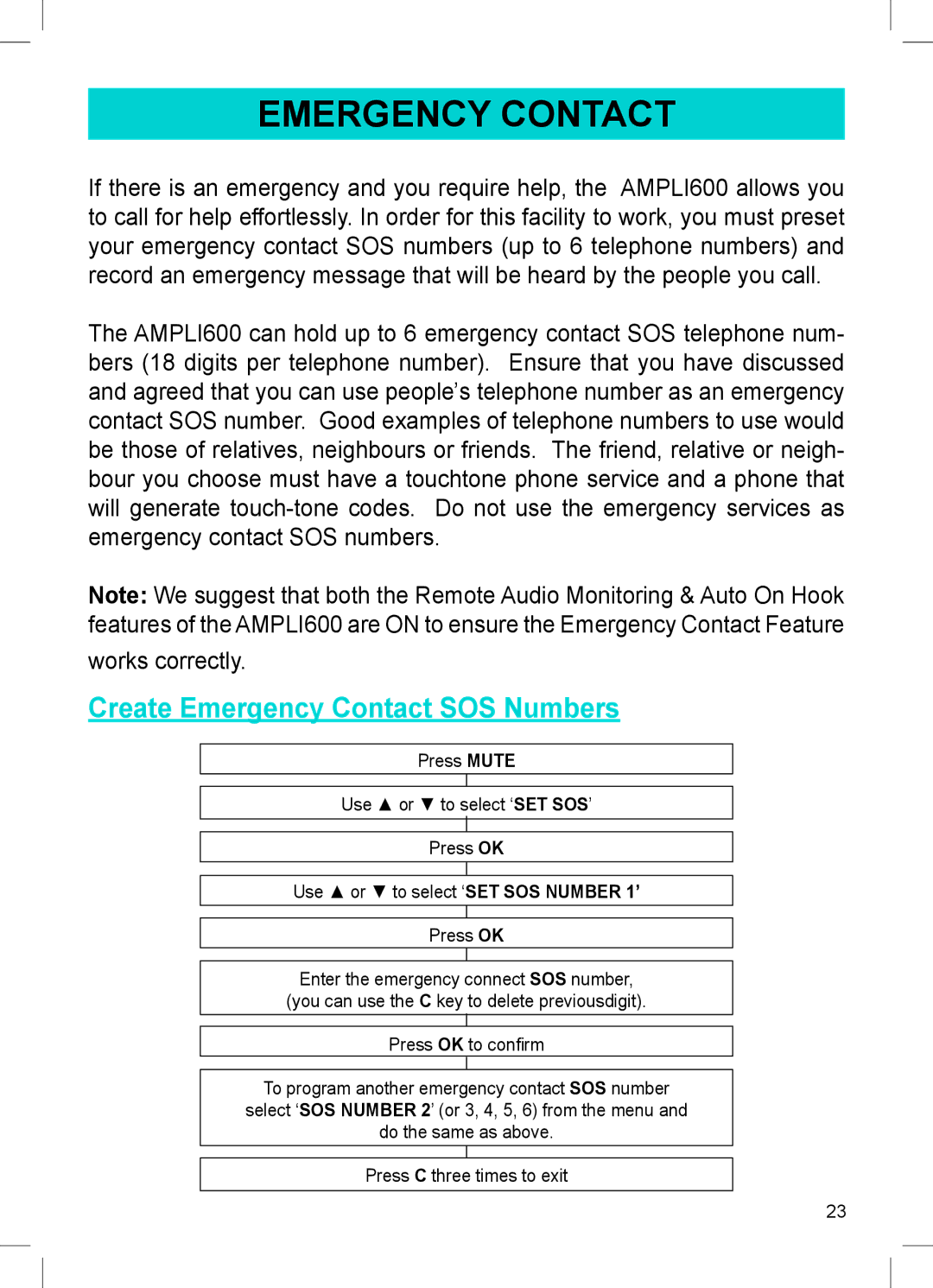 Sonic Alert AMPLI600 manual Create Emergency Contact SOS Numbers 