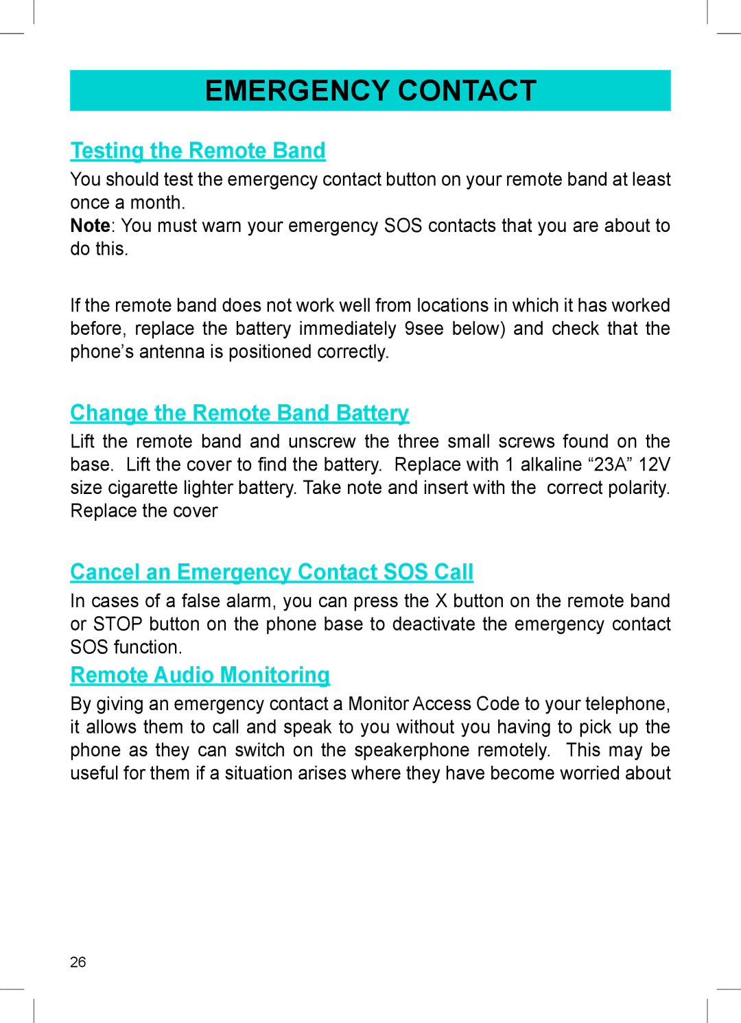 Sonic Alert AMPLI600 manual Testing the Remote Band, Change the Remote Band Battery, Cancel an Emergency Contact SOS Call 