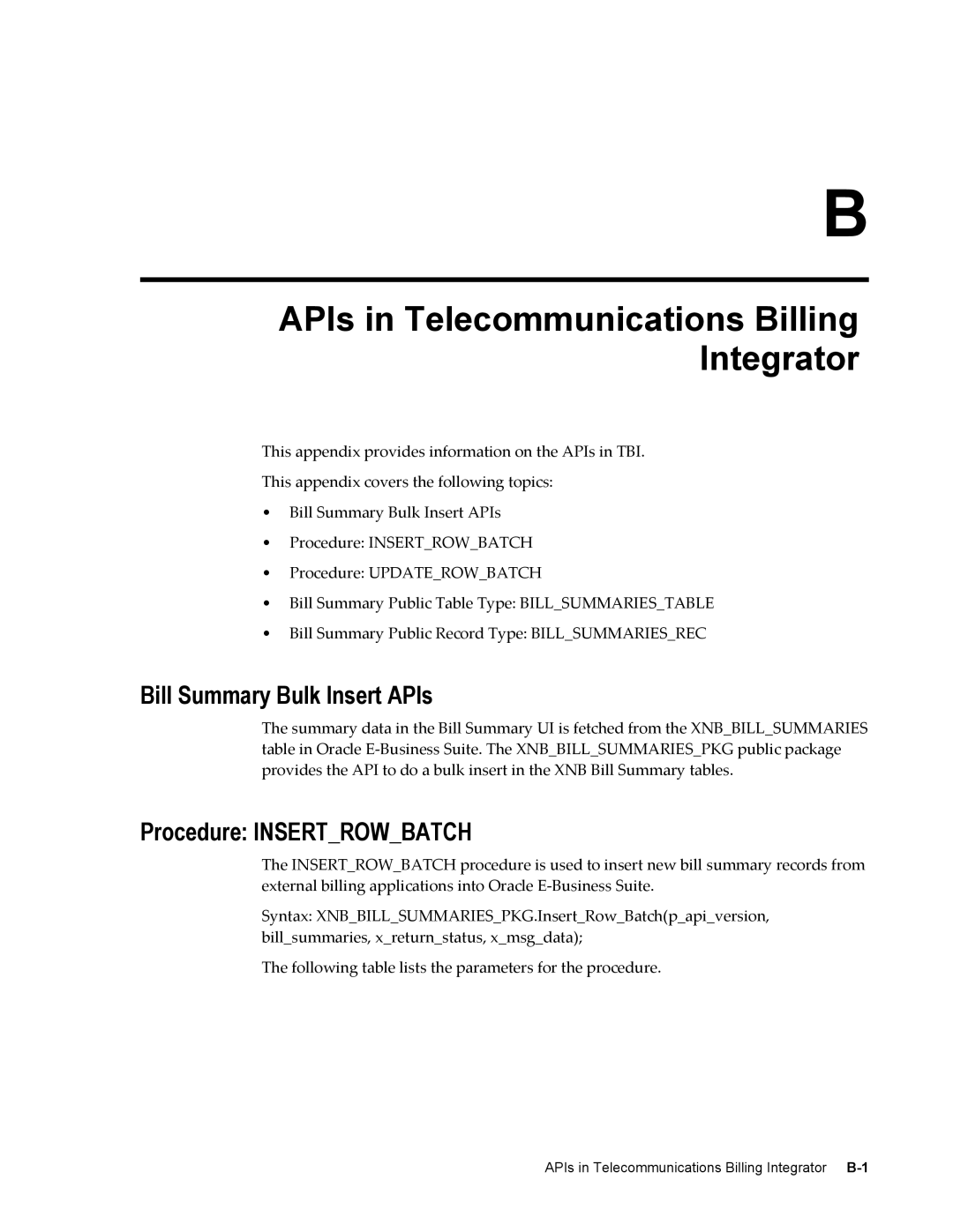 Sonic Alert B31540-02 manual APIs in Telecommunications Billing Integrator, Bill Summary Bulk Insert APIs 