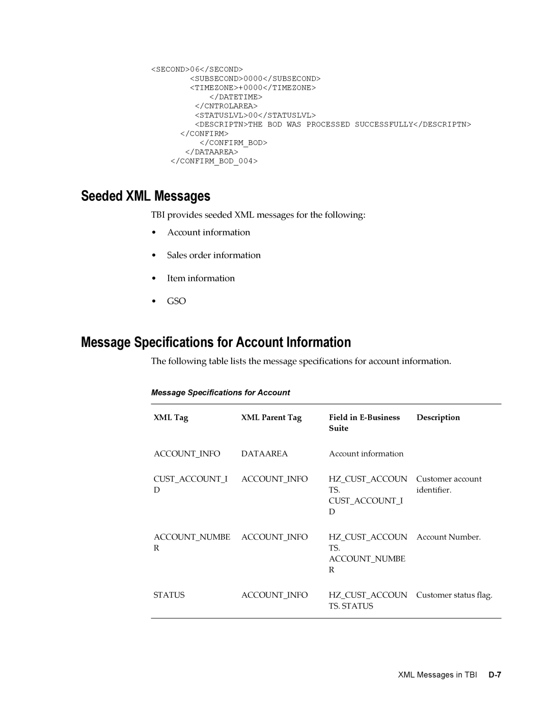 Sonic Alert B31540-02 manual Seeded XML Messages, Message Specifications for Account Information 