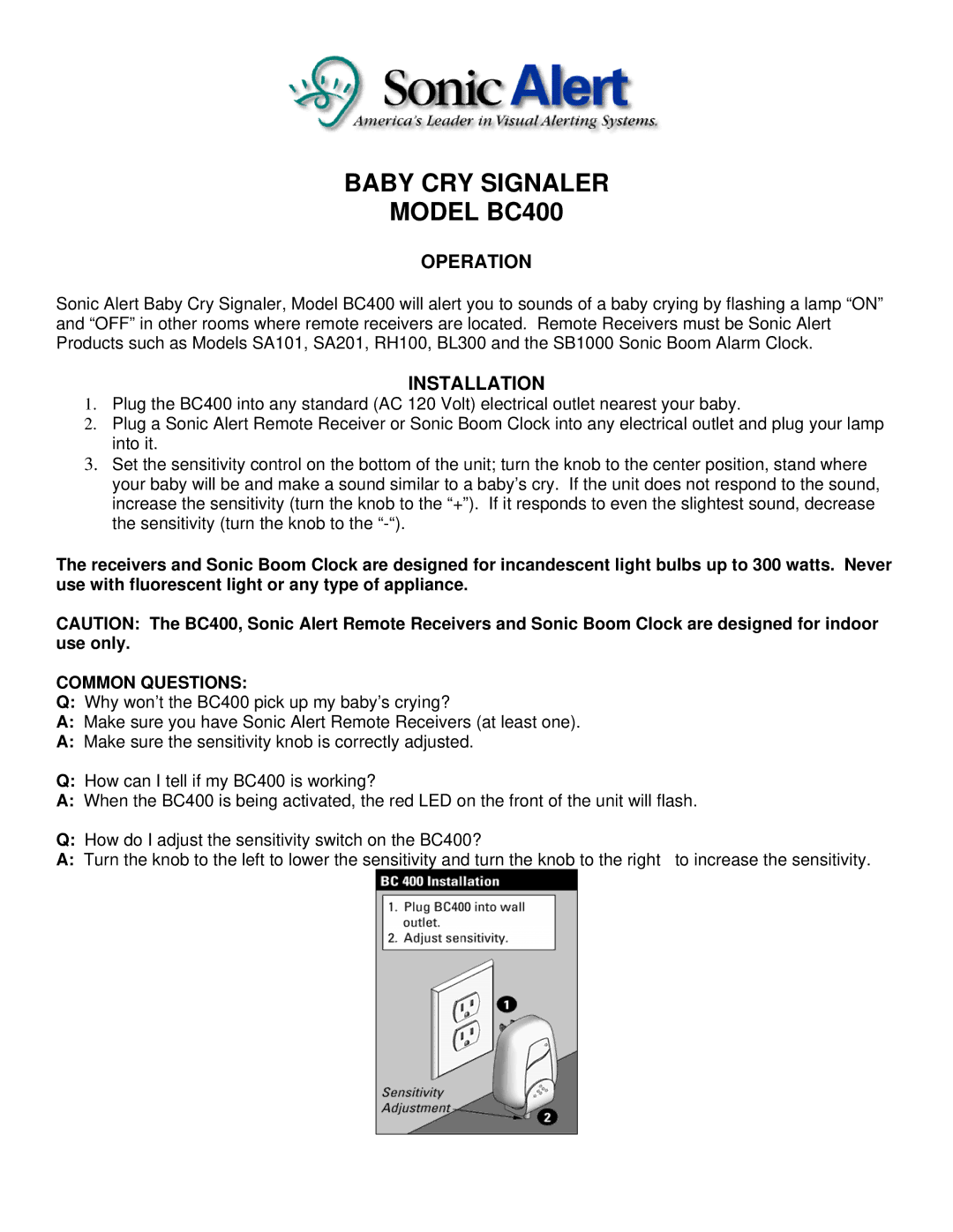 Sonic Alert SB1000, BL300, SA101, RH100 manual Baby CRY Signaler Model BC400, Operation, Installation, Common Questions 