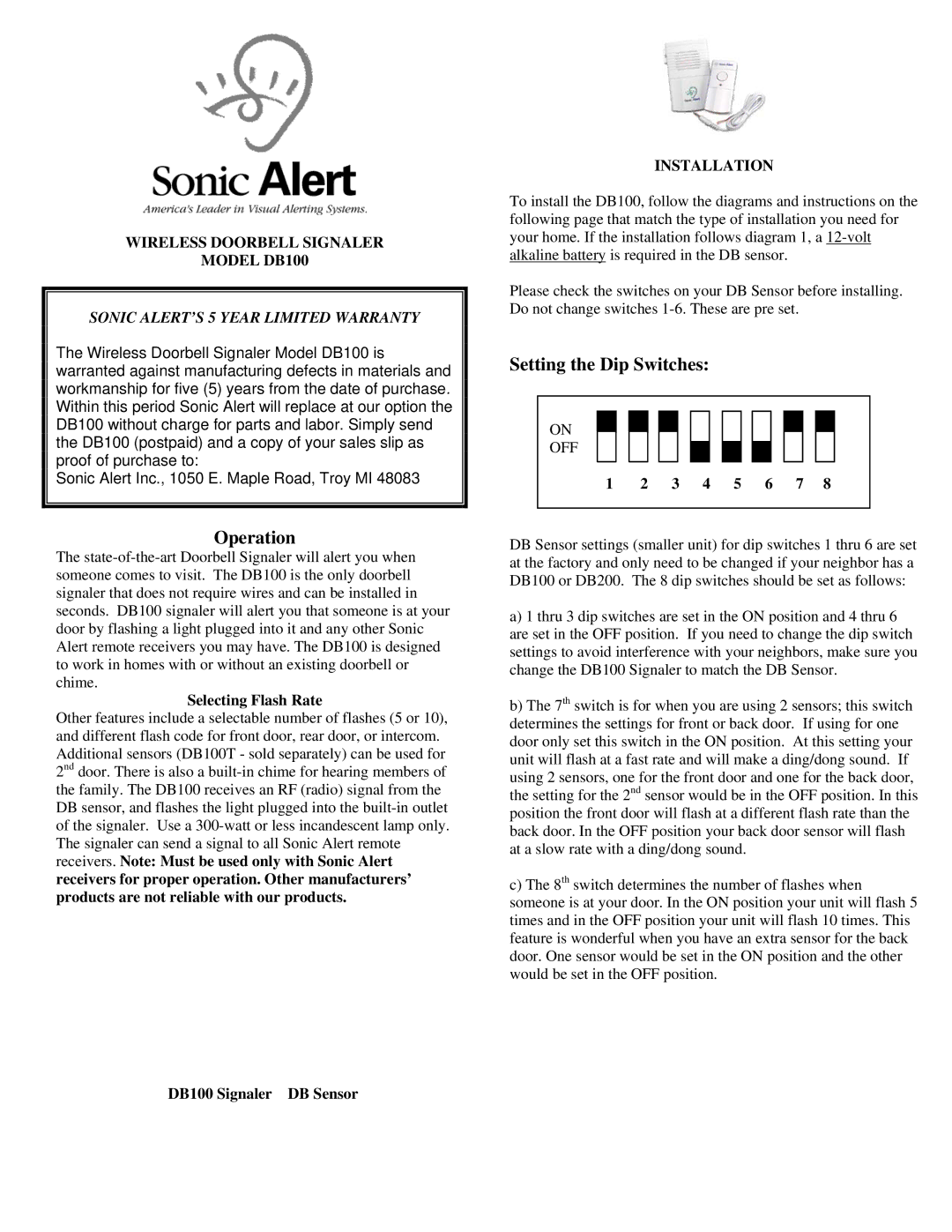 Sonic Alert warranty Operation, Setting the Dip Switches, Selecting Flash Rate, DB100 Signaler DB Sensor, 3 4 5 6 7 