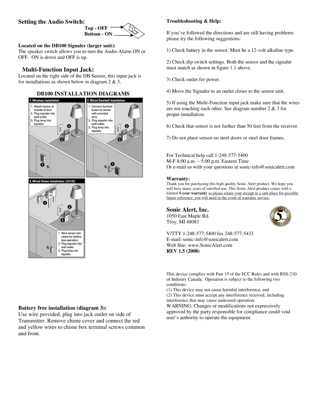 Sonic Alert DB100 warranty Setting the Audio Switch, Multi-Function Input Jack, Sonic Alert, Inc 