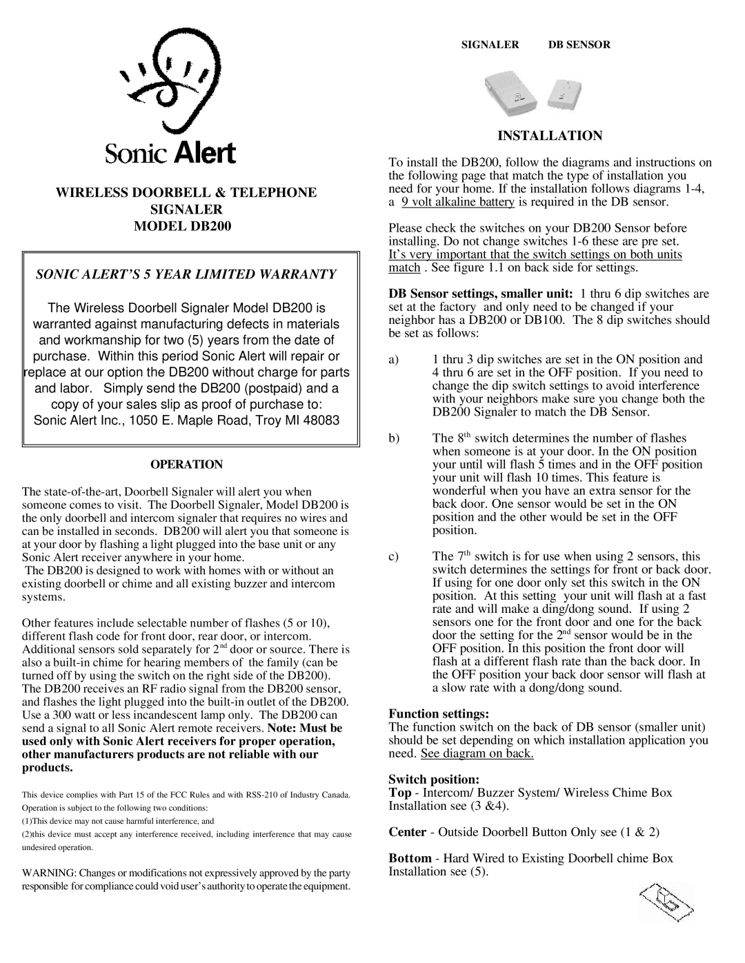 Sonic Alert warranty Wireless Doorbell & Telephone Signaler Model DB200, Sonic ALERT’S 5 Year Limited Warranty 