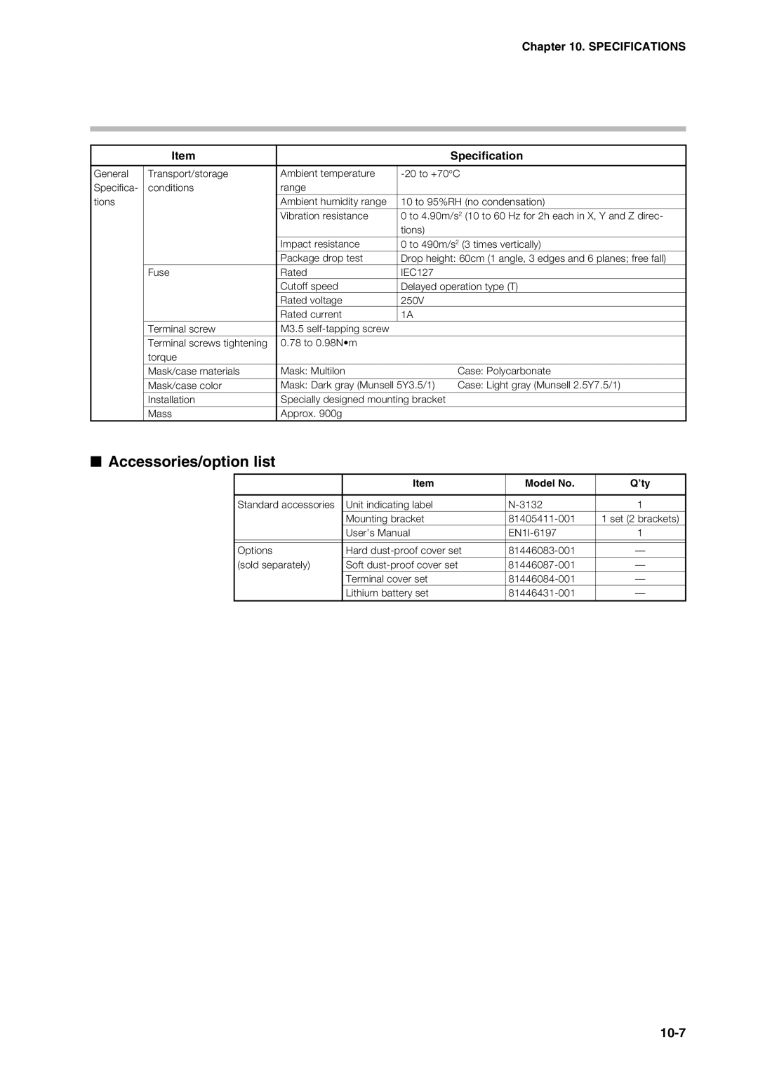 Sonic Alert DCP301 user manual Accessories/option list, 10-7 