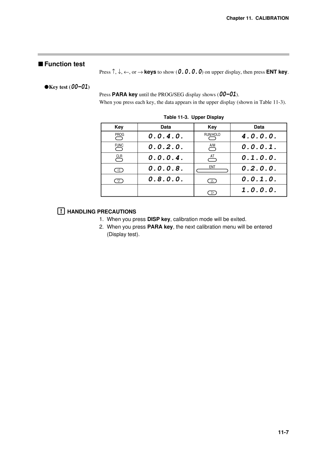 Sonic Alert DCP301 user manual Function test, Key test, 11-7, Upper Display 