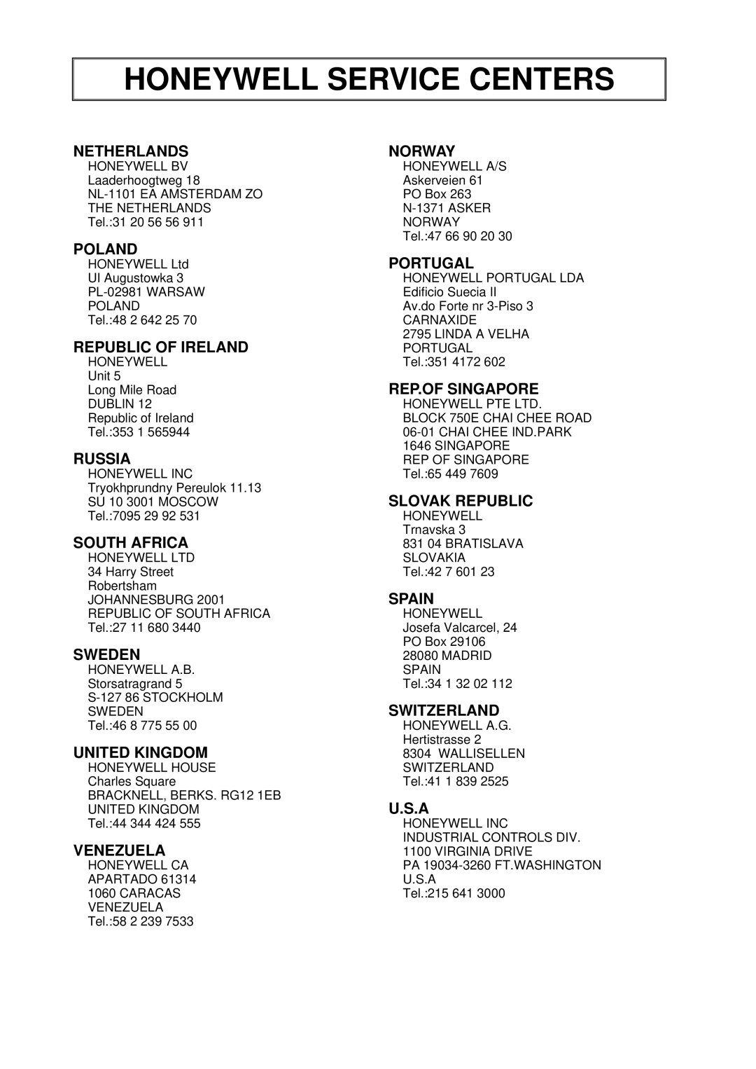 Sonic Alert DCP301 user manual Honeywell Service Centers 