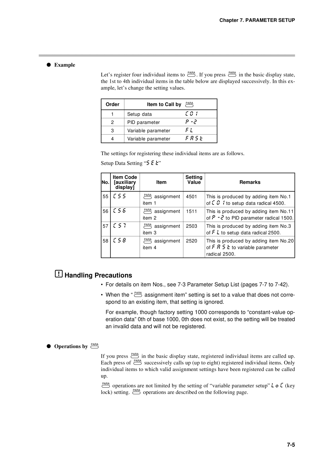 Sonic Alert DCP301 Example, Operations by Para, Order Item to Call by, Item Code Setting Auxiliary Value Remarks Display 