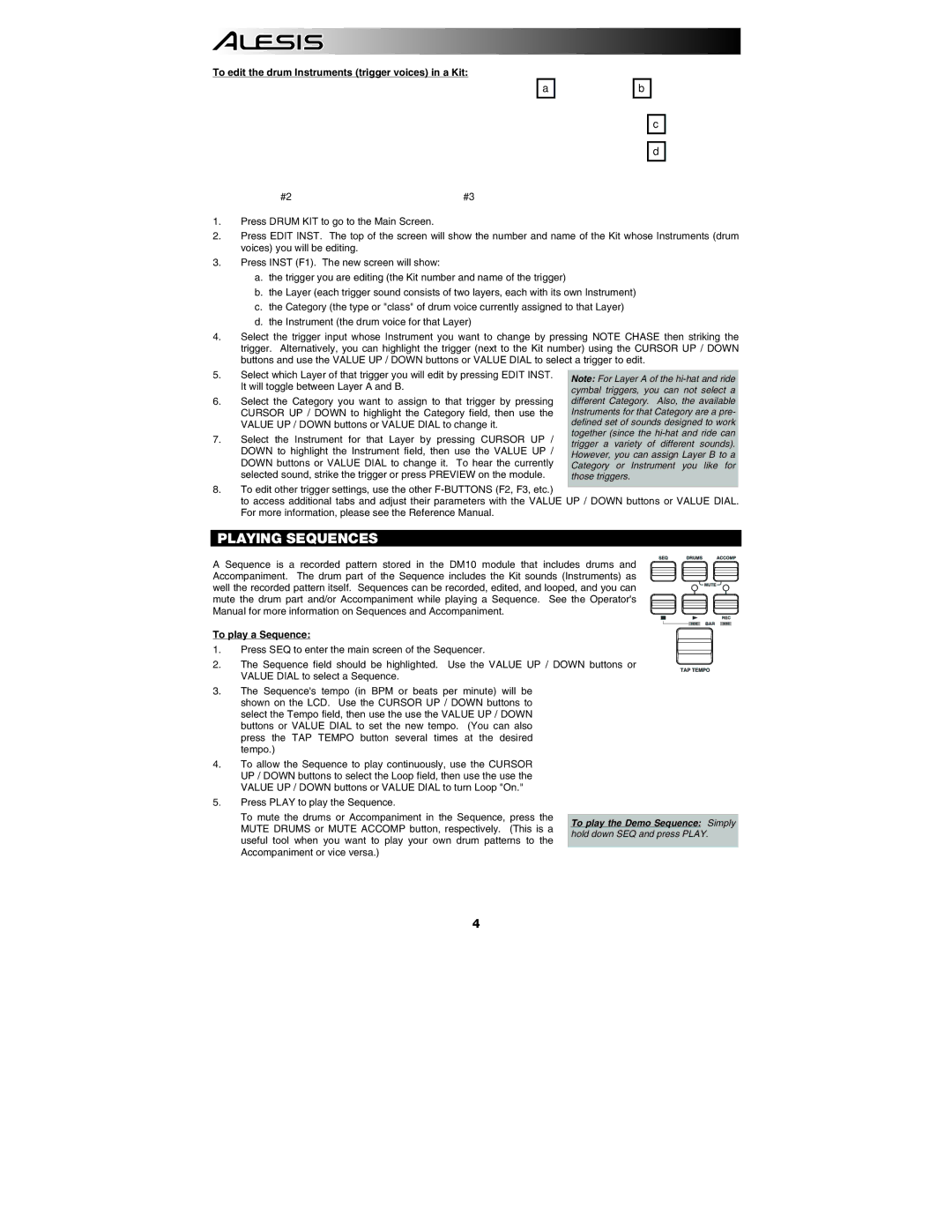 Sonic Alert DM10 quick start Playing Sequences, To edit the drum Instruments trigger voices in a Kit 