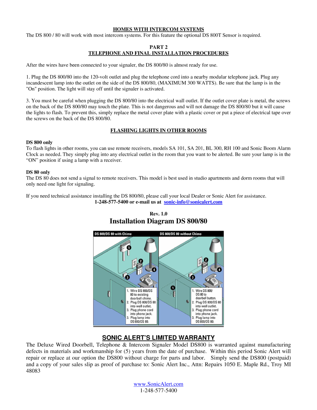 Sonic Alert DS 800 manual Homes with Intercom Systems, Part Telephone and Final Installation Procedures 