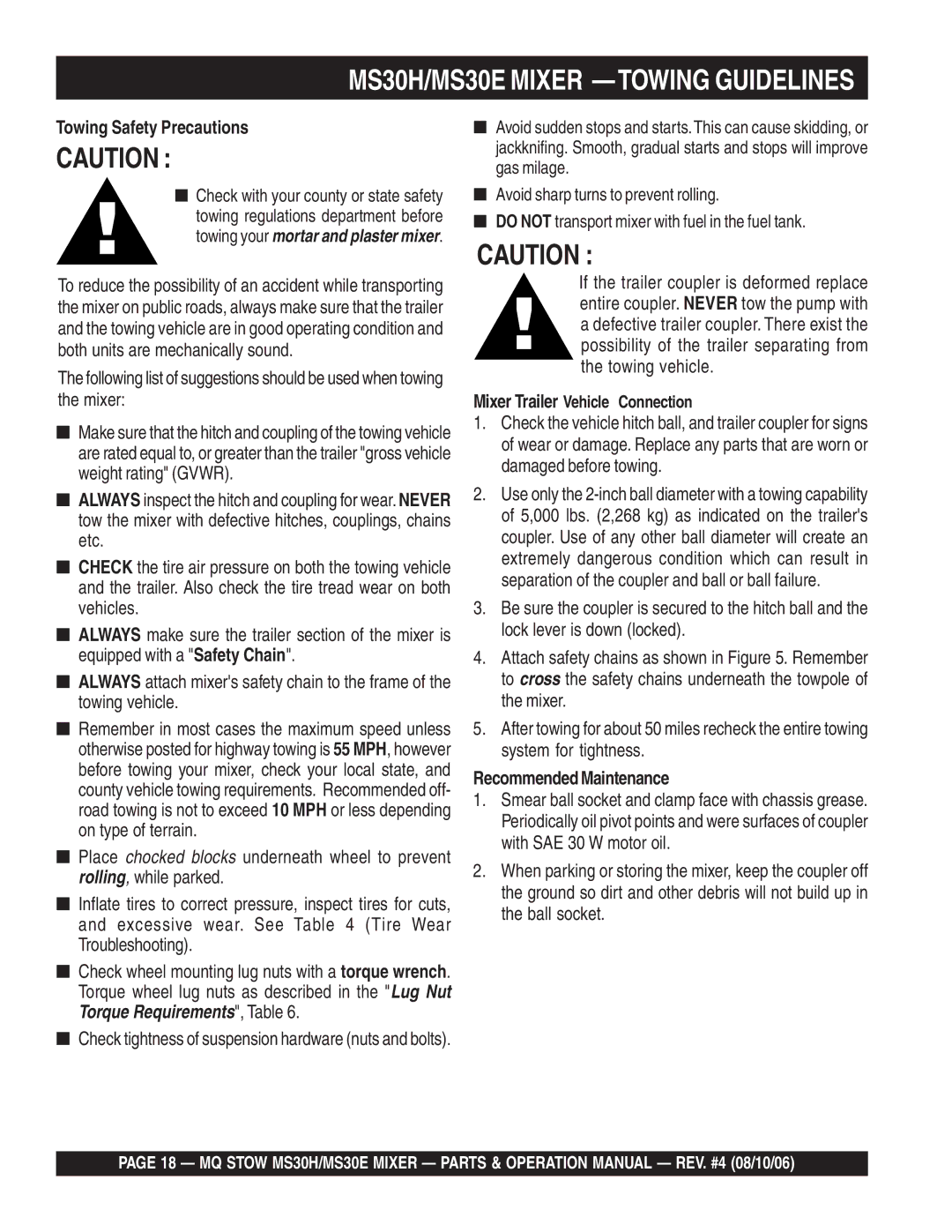 Sonic Alert manual MS30H/MS30E Mixer -TOWING Guidelines, Mixer Trailer Vehicle Connection 