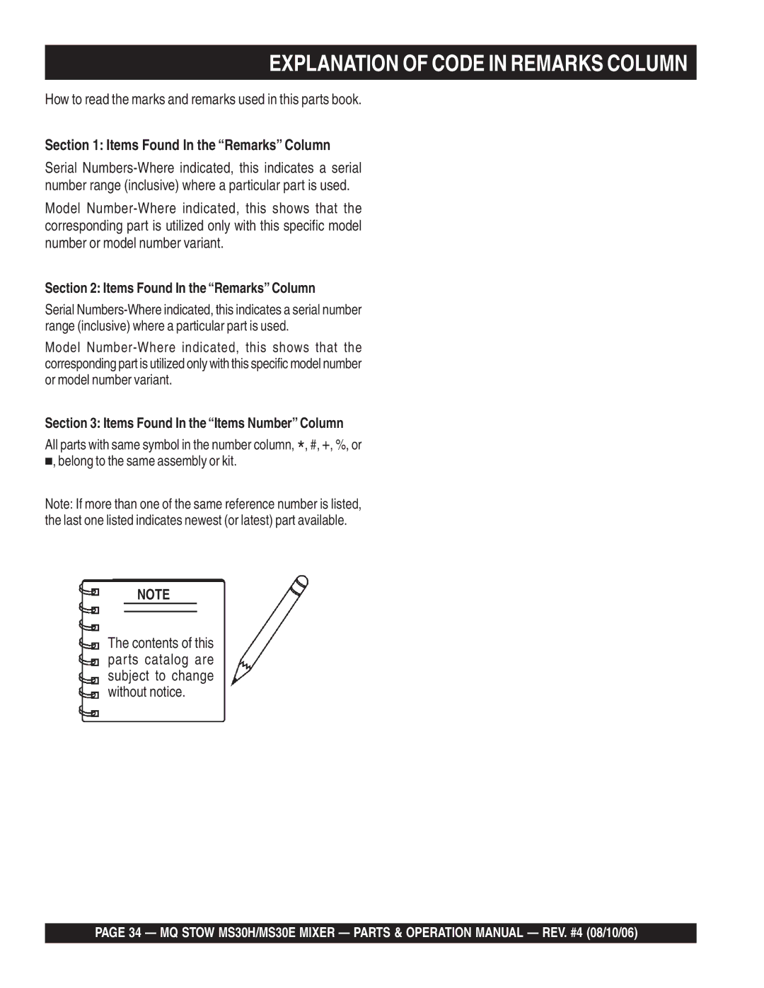 Sonic Alert MS30E, MS30H manual Items Found In the Remarks Column, Items Found In the Items Number Column 