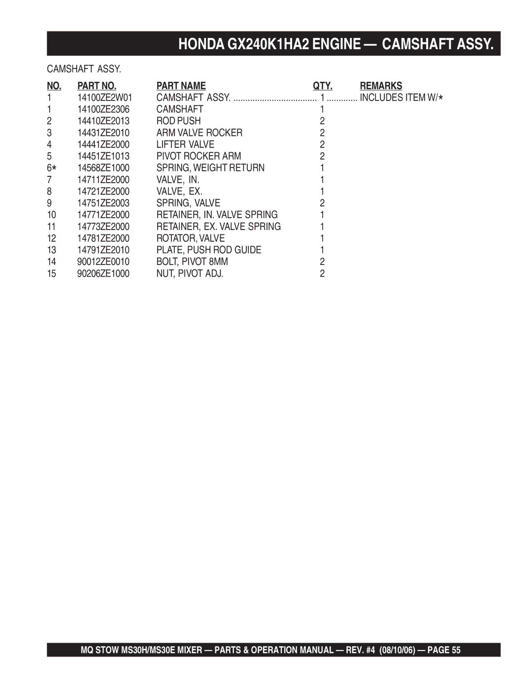 Sonic Alert MS30H Camshaft, ROD Push, ARM Valve Rocker, Lifter Valve, Pivot Rocker ARM, SPRING, Weight Return, Valve, Ex 