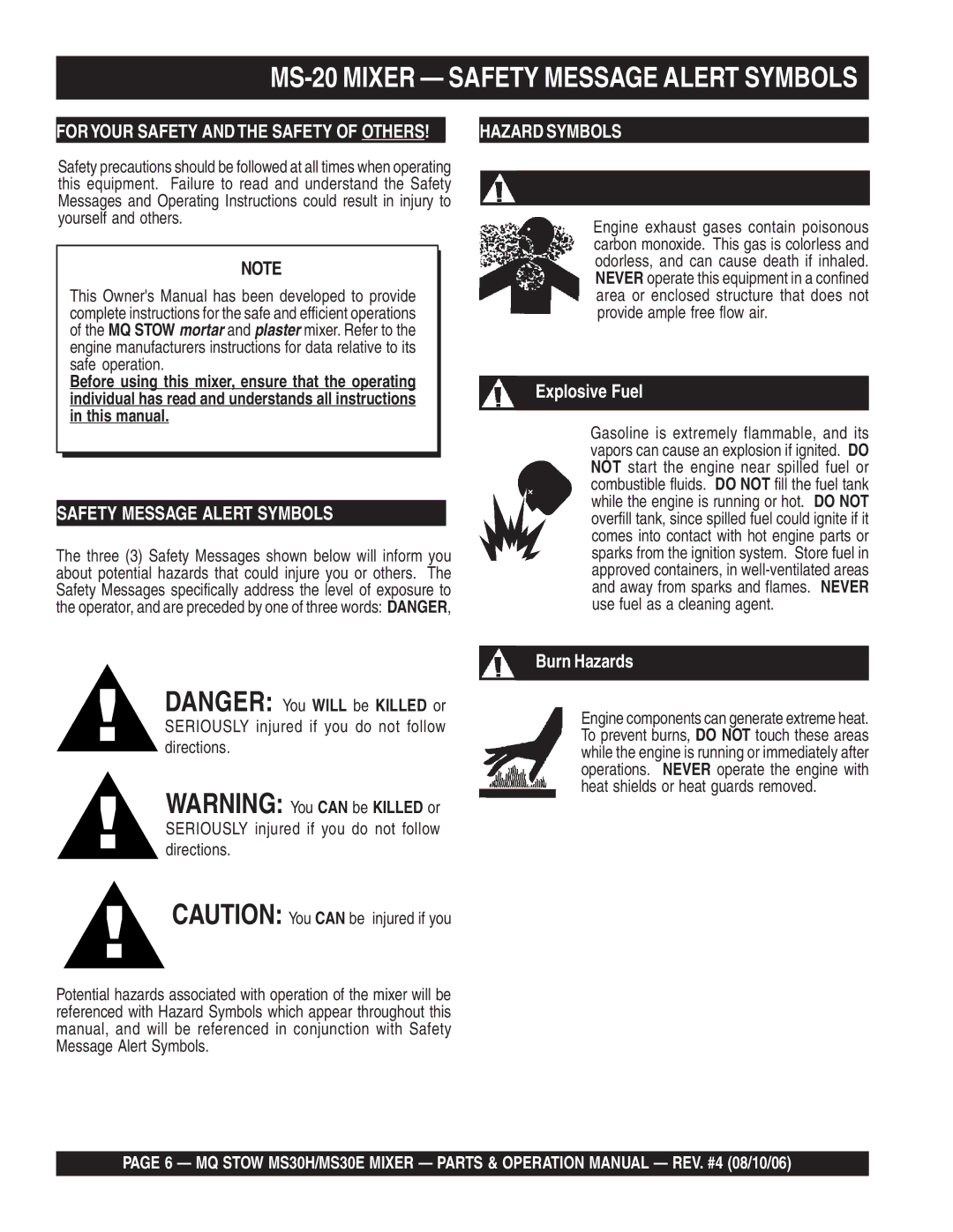 Sonic Alert MS30E, MS30H manual MS-20 Mixer Safety Message Alert Symbols 