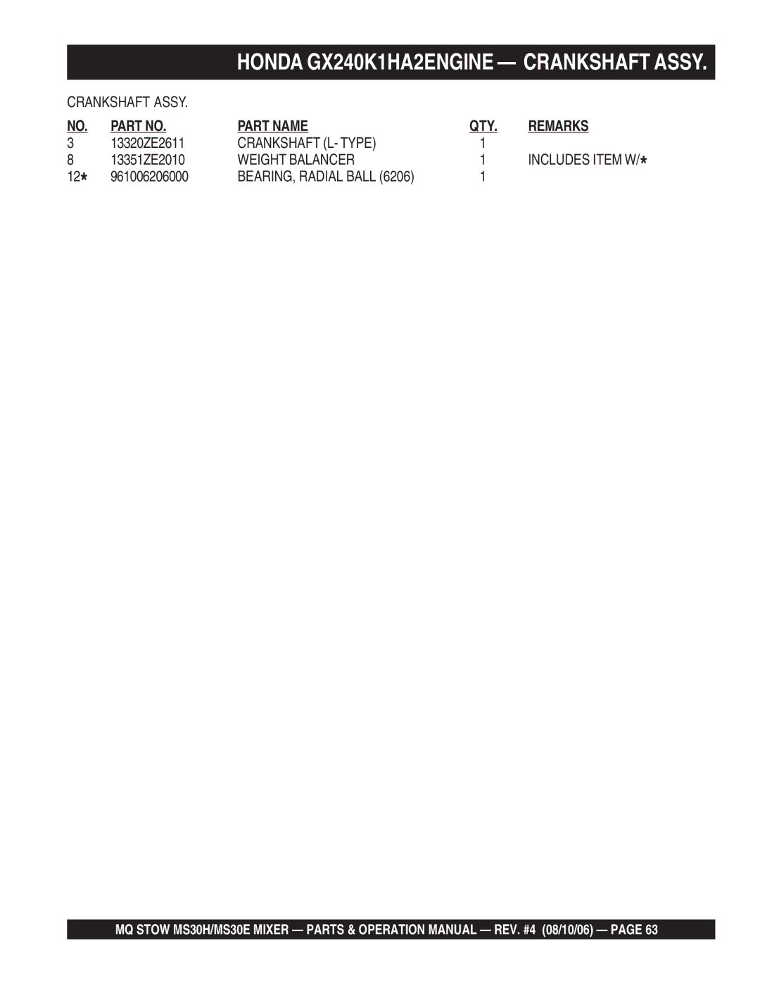 Sonic Alert MS30H, MS30E manual Crankshaft L- Type, Weight Balancer 