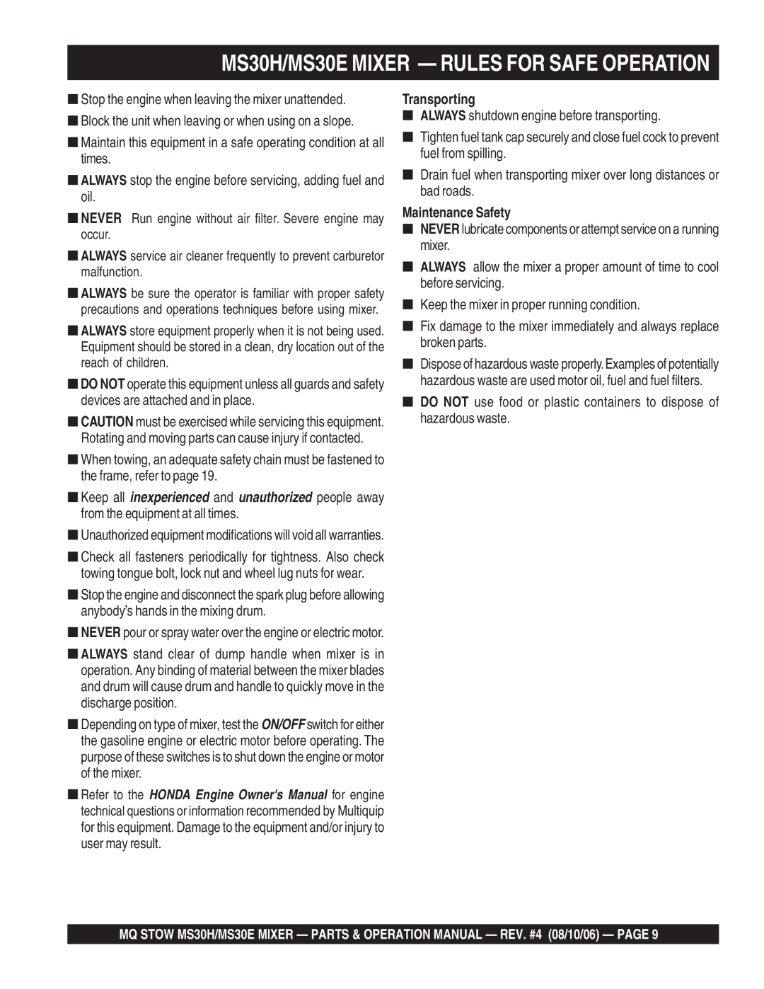 Sonic Alert MS30H, MS30E manual Transporting, Maintenance Safety 