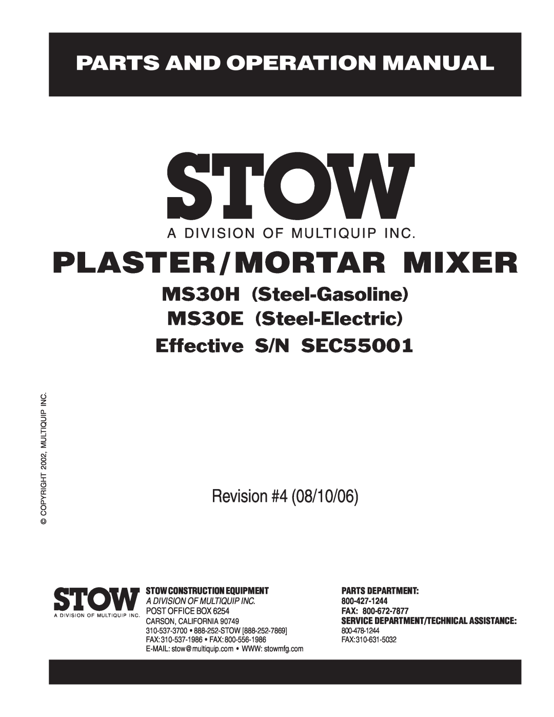 Sonic Alert manual Plaster/Mortar Mixer, MS30H Steel-Gasoline MS30E Steel-Electric Effective S/N SEC55001 