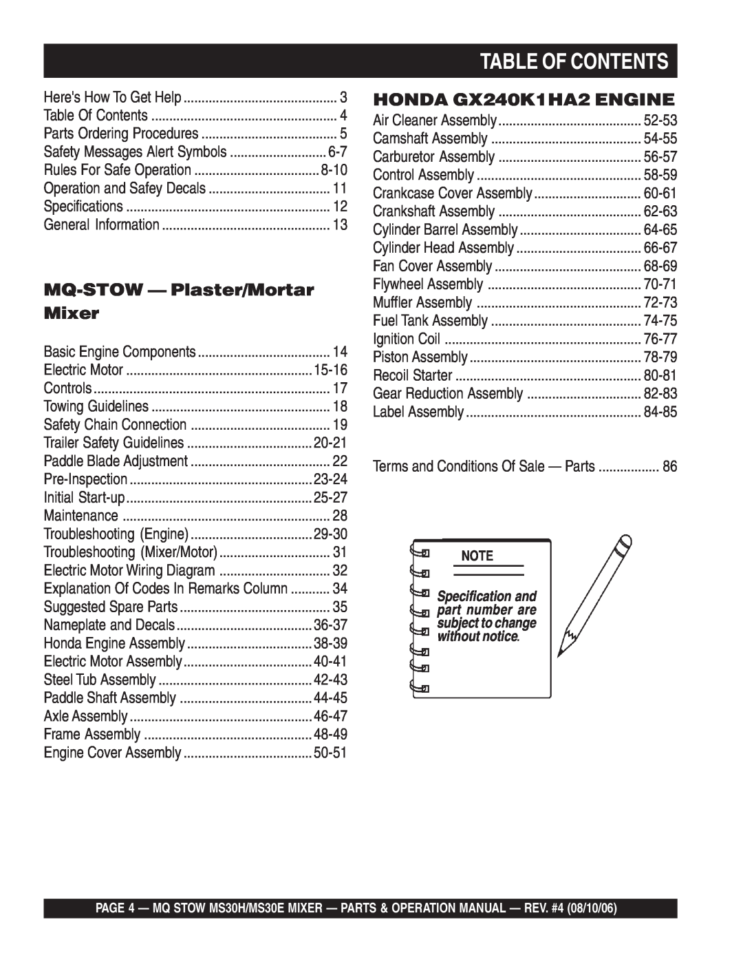 Sonic Alert MS30E, MS30H manual Table Of Contents, MQ-STOW - Plaster/Mortar Mixer, HONDA GX240K1HA2 ENGINE 