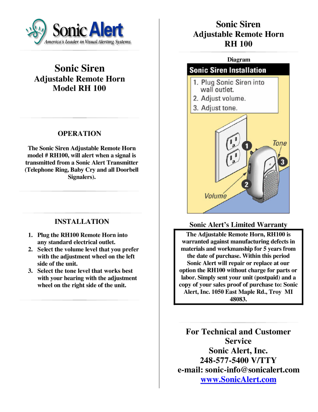 Sonic Alert RH 100 warranty Sonic Siren, Adjustable Remote Horn Model RH 