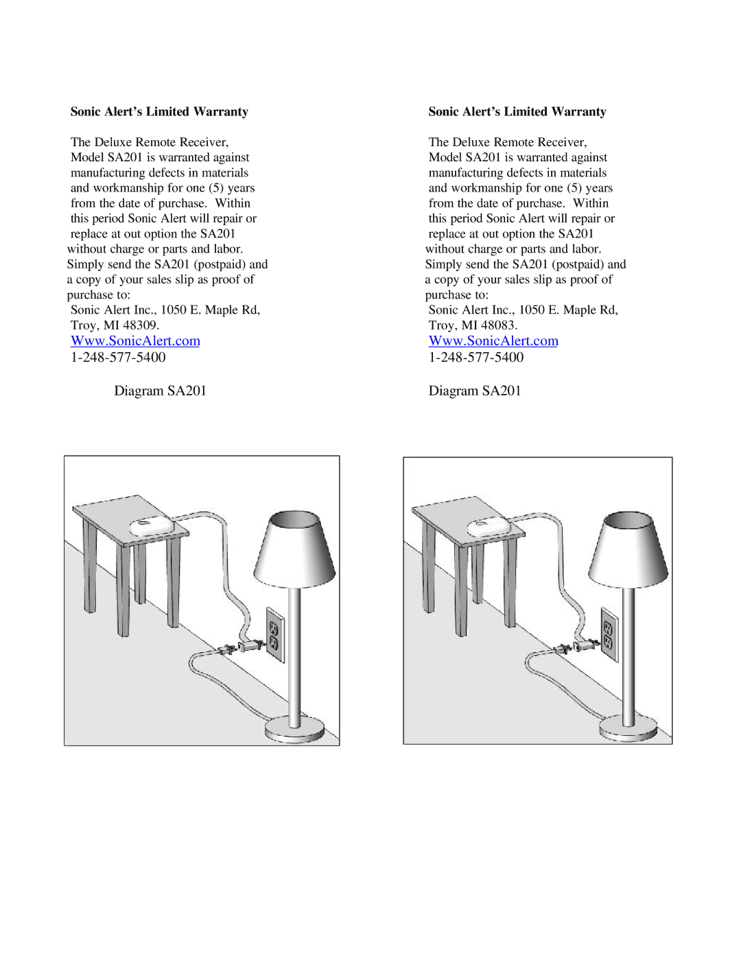 Sonic Alert manual Diagram SA201, Sonic Alert’s Limited Warranty 