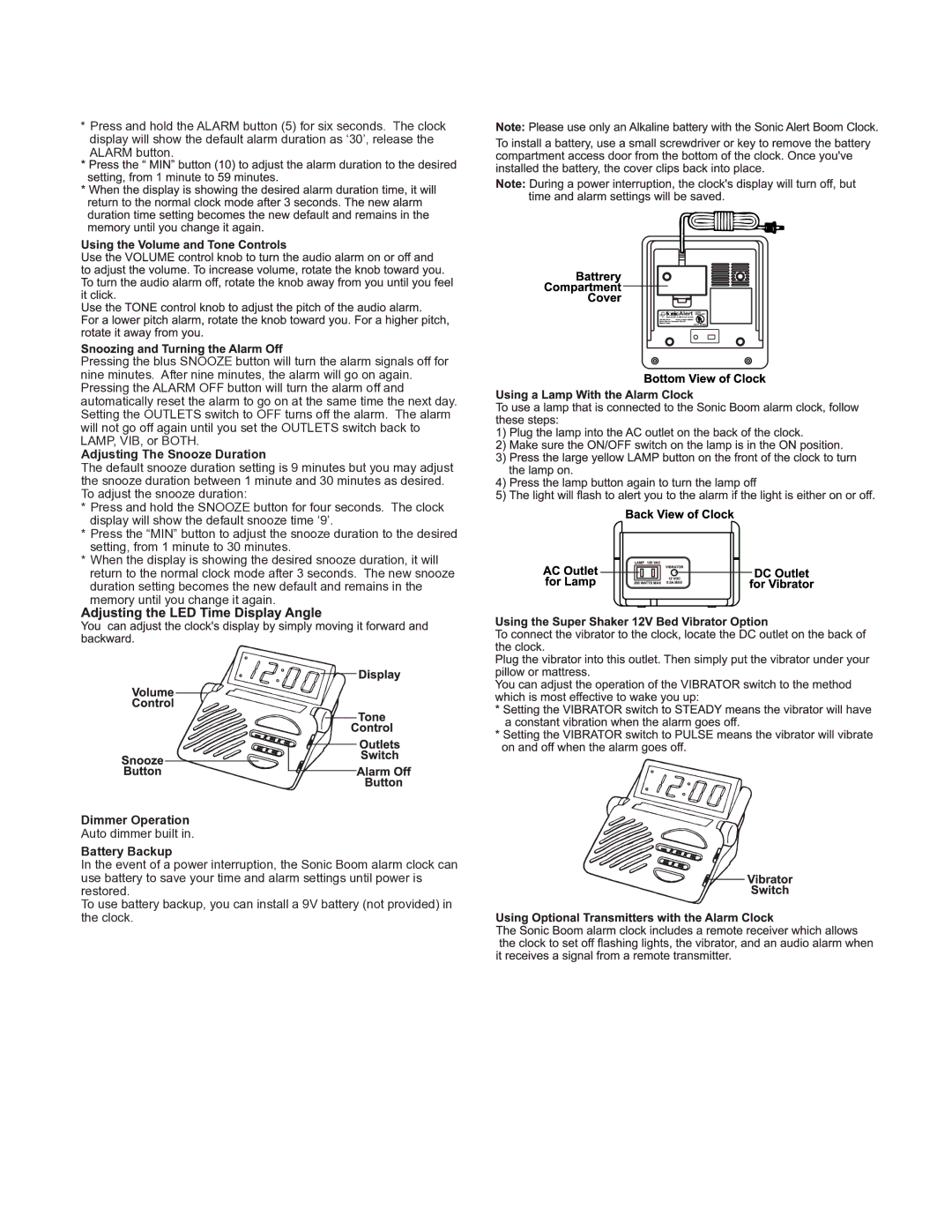 Sonic Alert SB1000-V3 manual Adjusting The Snooze Duration, Dimmer Operation, Battery Backup 