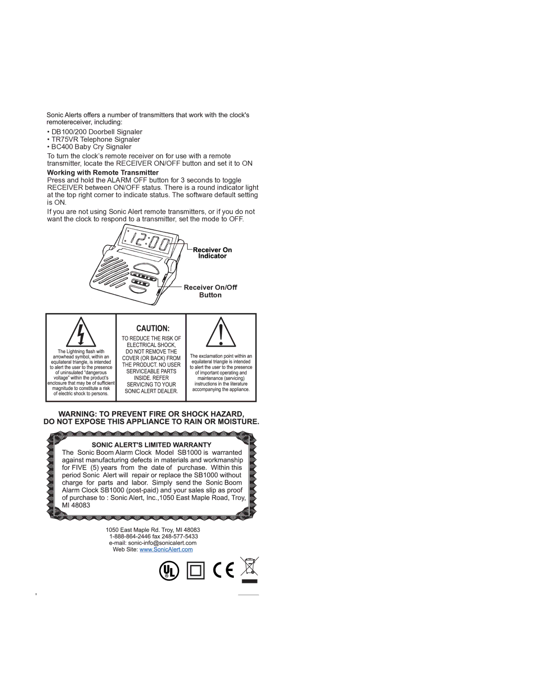 Sonic Alert SB1000-V3 manual Working with Remote Transmitter, Receiver On/Off Button 