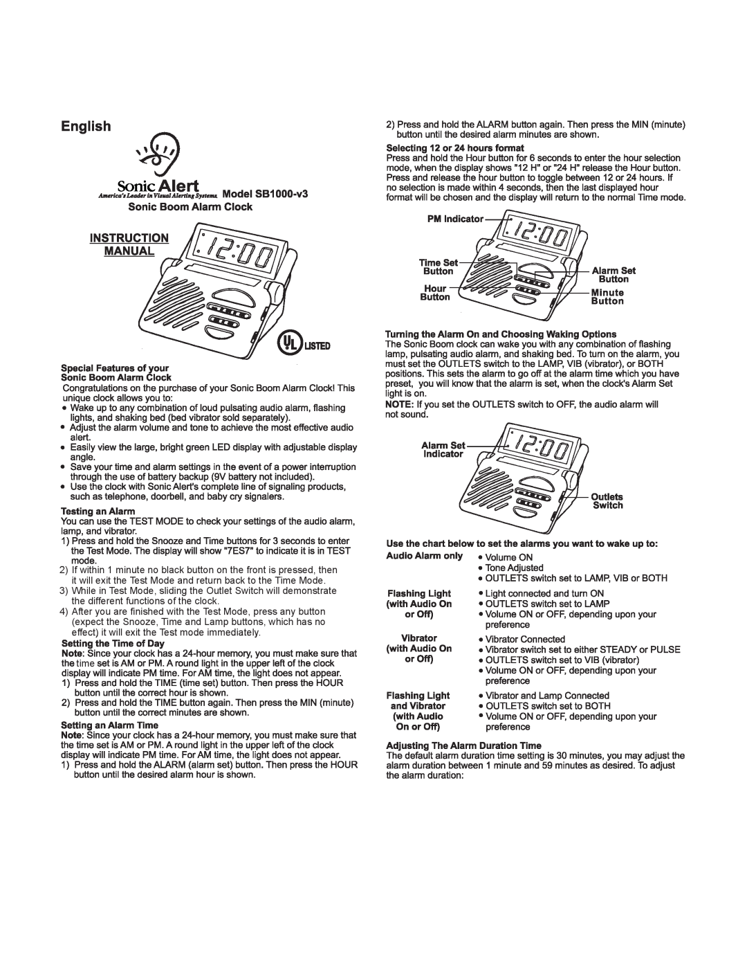 Sonic Alert SB1000-V3 manual time 