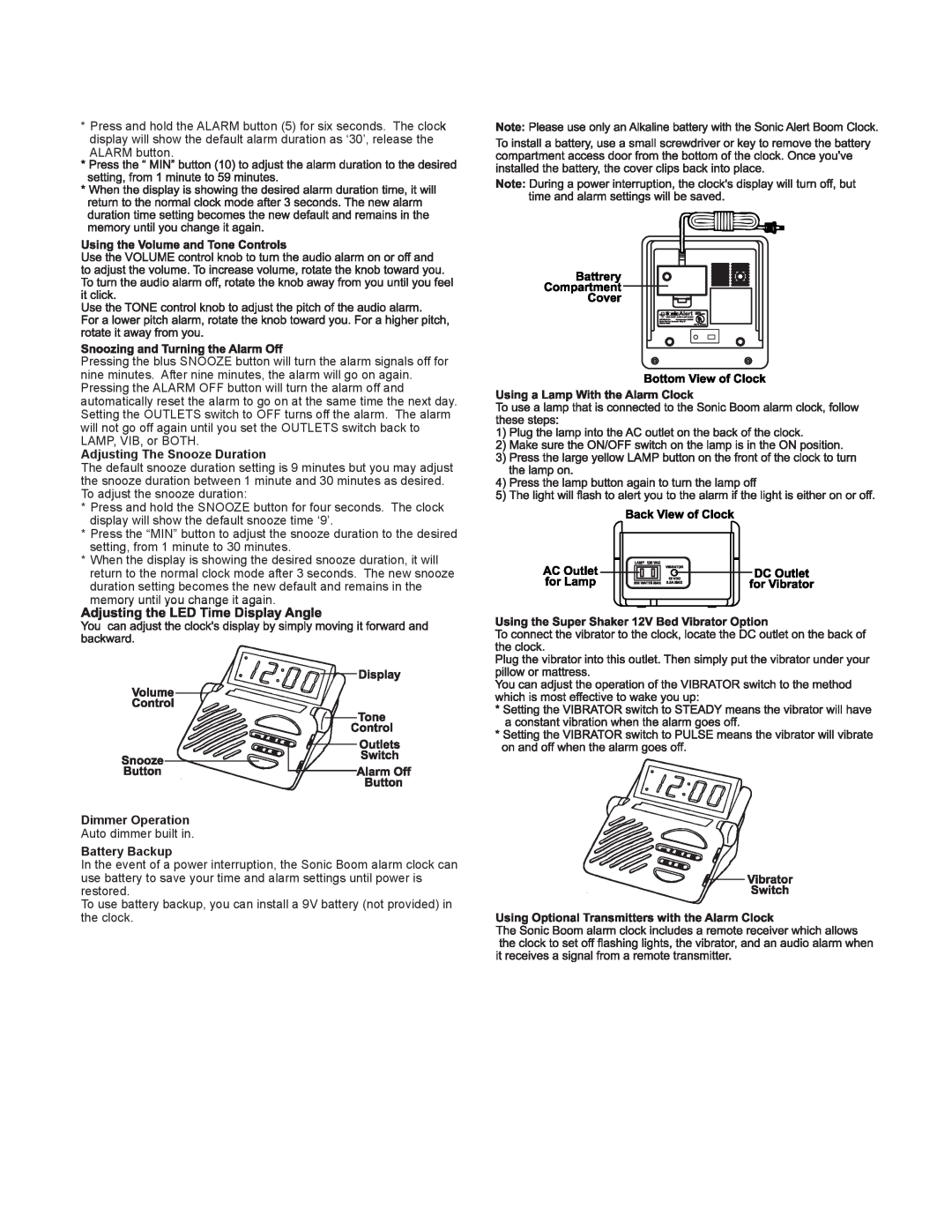 Sonic Alert SB1000-V3 manual Adjusting The Snooze Duration, DimmerOperation, Battery Backup 