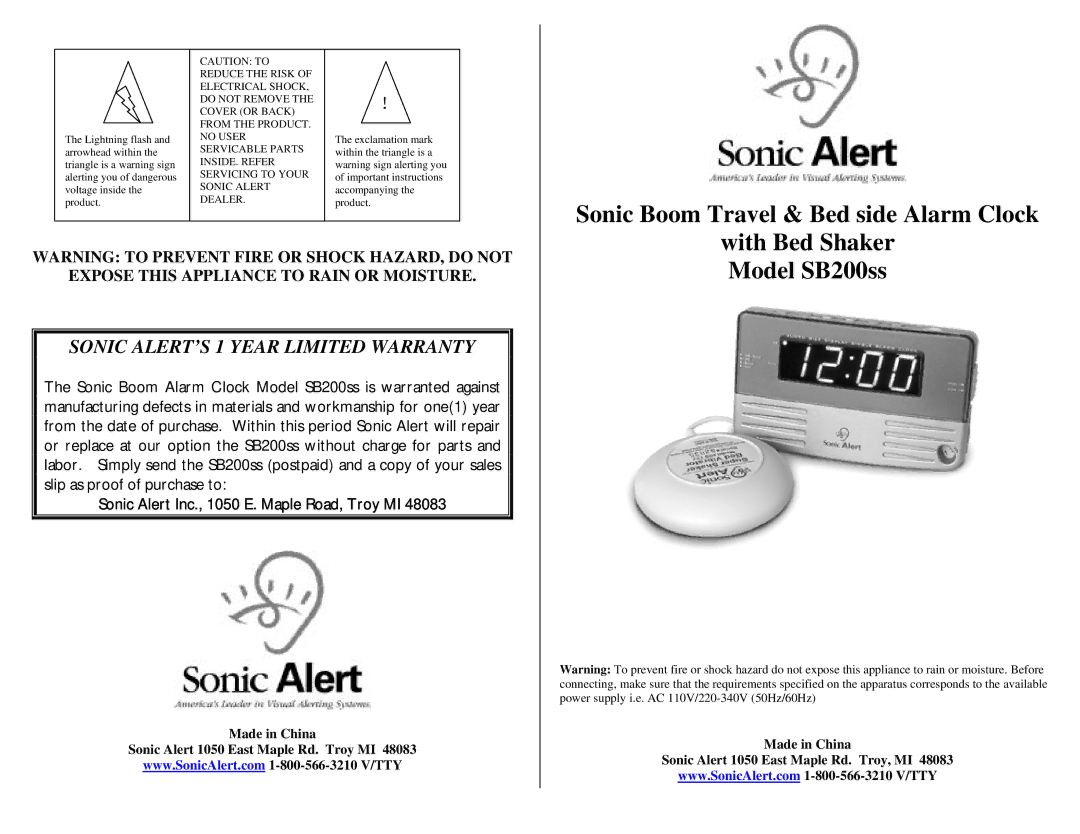 Sonic Alert warranty Sonic Boom Travel & Bed side Alarm Clock, With Bed Shaker Model SB200ss 