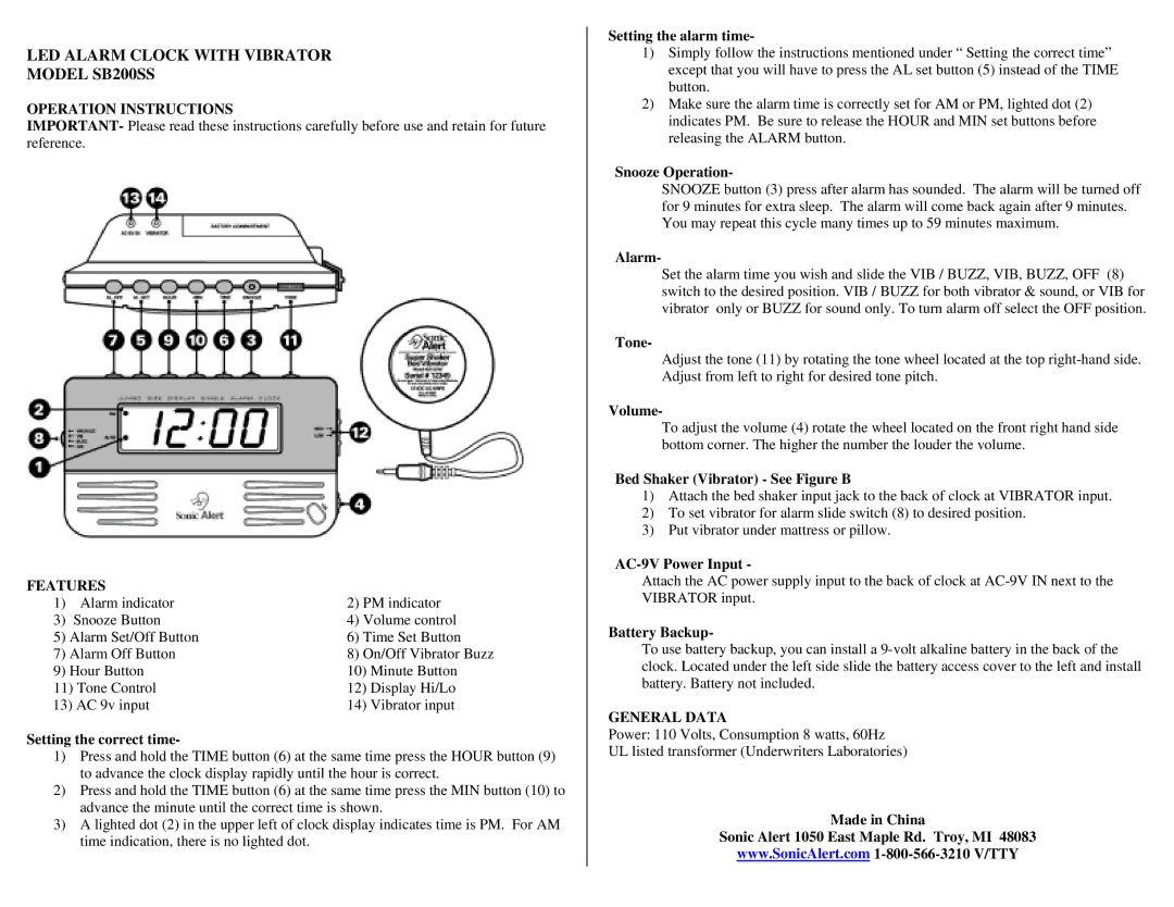 Sonic Alert SB200ss warranty Operation Instructions, Features, General Data 