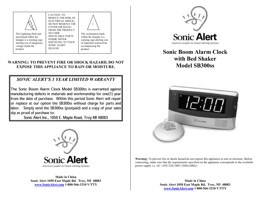 Sonic Alert SB300SS warranty Sonic Boom Alarm Clock, With Bed Shaker Model SB300ss 